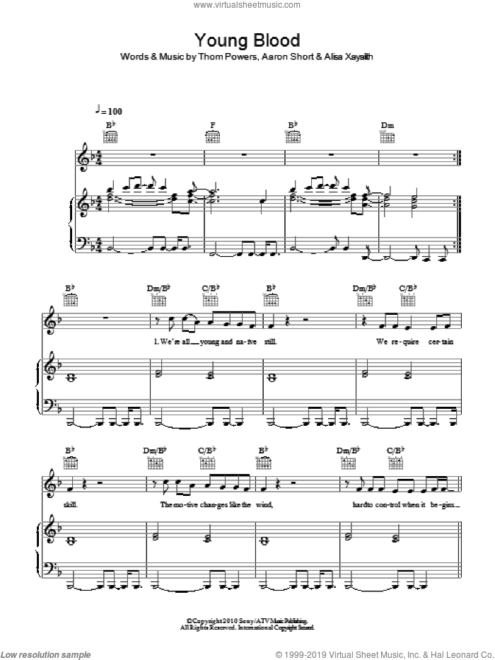 Young Blood sheet music for voice, piano or guitar by Birdy, Aaron Short, Alisa Xayalith and Thom Powers, intermediate skill level
