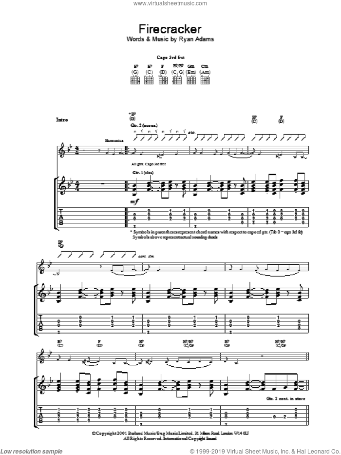 Firecracker sheet music for guitar (tablature) by Ryan Adams, intermediate skill level