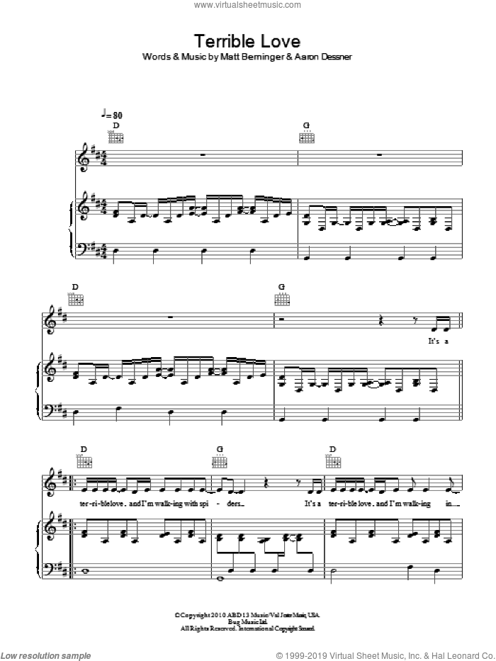 Terrible Love sheet music for voice, piano or guitar by Birdy, Aaron Dessner and Matt Berninger, intermediate skill level