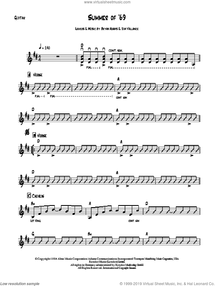 Summer Of '69 sheet music for guitar solo (chords) by Bryan Adams and Jim Vallance, easy guitar (chords)