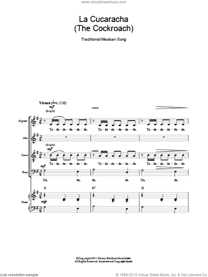 La Cucaracha (The Cockroach) sheet music for choir (SATB: soprano, alto, tenor, bass)  and Dorsey Brothers Music Limited, intermediate skill level