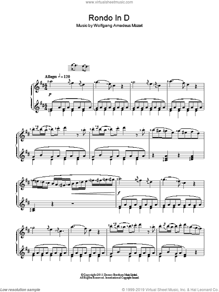 Rondo In D sheet music for piano solo by Wolfgang Amadeus Mozart, classical score, intermediate skill level