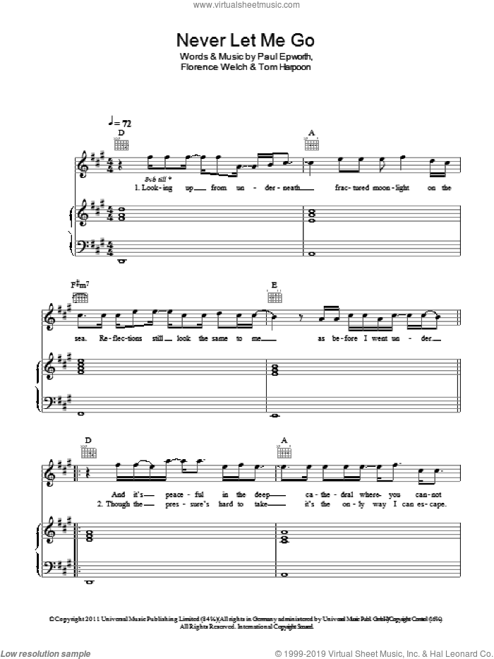 Never Let Me Go sheet music for voice, piano or guitar by Florence And The Machine, Florence Welch, Paul Epworth and Tom Harpoon, intermediate skill level