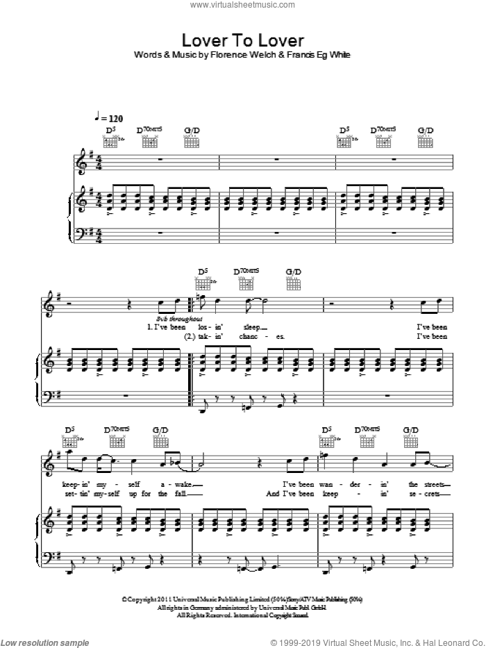 Lover To Lover sheet music for voice, piano or guitar by Florence And The Machine, Florence Welch and Francis White, intermediate skill level