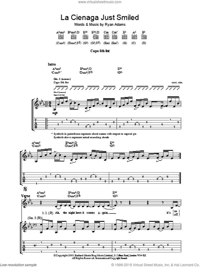 La Cienega Just Smiled sheet music for guitar (tablature) by Ryan Adams, intermediate skill level