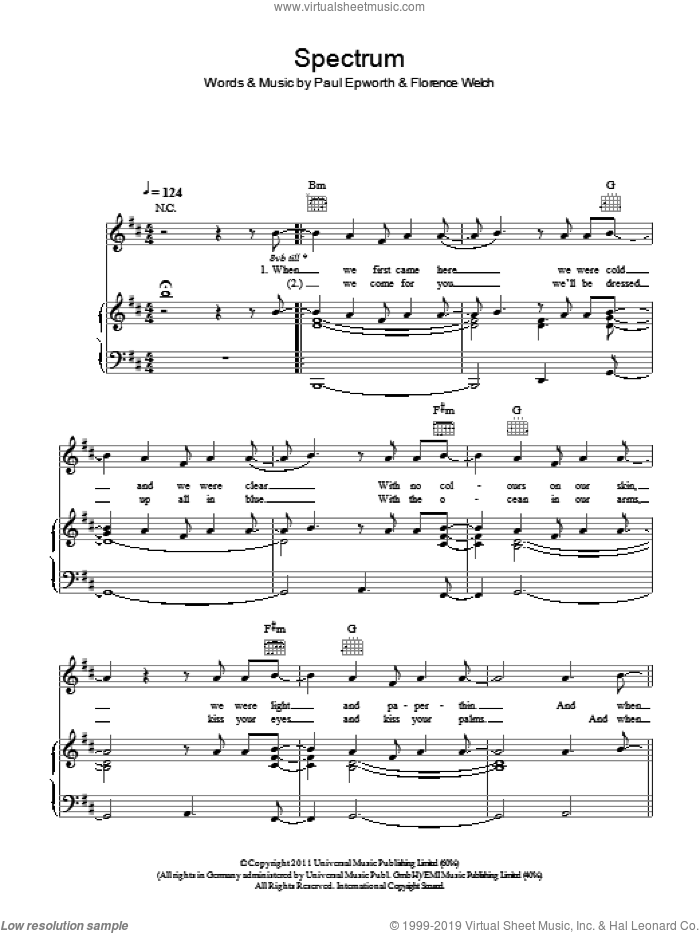 Spectrum sheet music for voice, piano or guitar by Florence And The Machine, Florence Welch and Paul Epworth, intermediate skill level