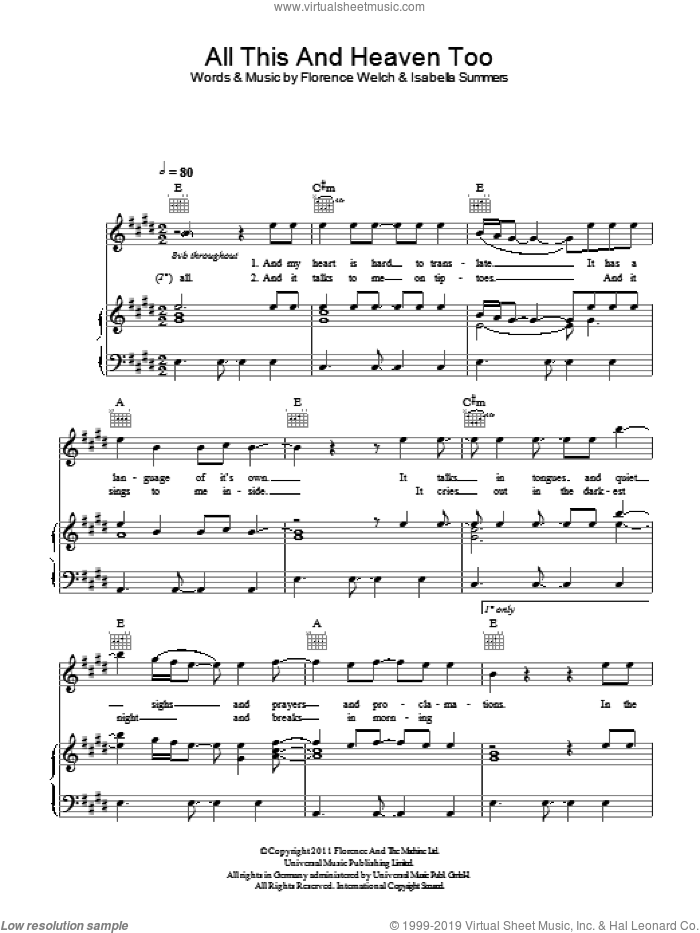 All This And Heaven Too sheet music for voice, piano or guitar by Florence And The Machine, Florence Welch and Isabella Summers, intermediate skill level