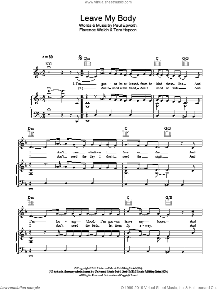Leave My Body sheet music for voice, piano or guitar by Florence And The Machine, Florence Welch, Paul Epworth and Tom Harpoon, intermediate skill level