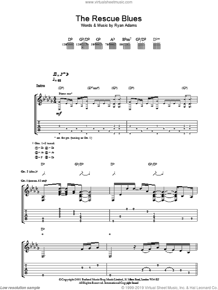 The Rescue Blues sheet music for guitar (tablature) by Ryan Adams, intermediate skill level