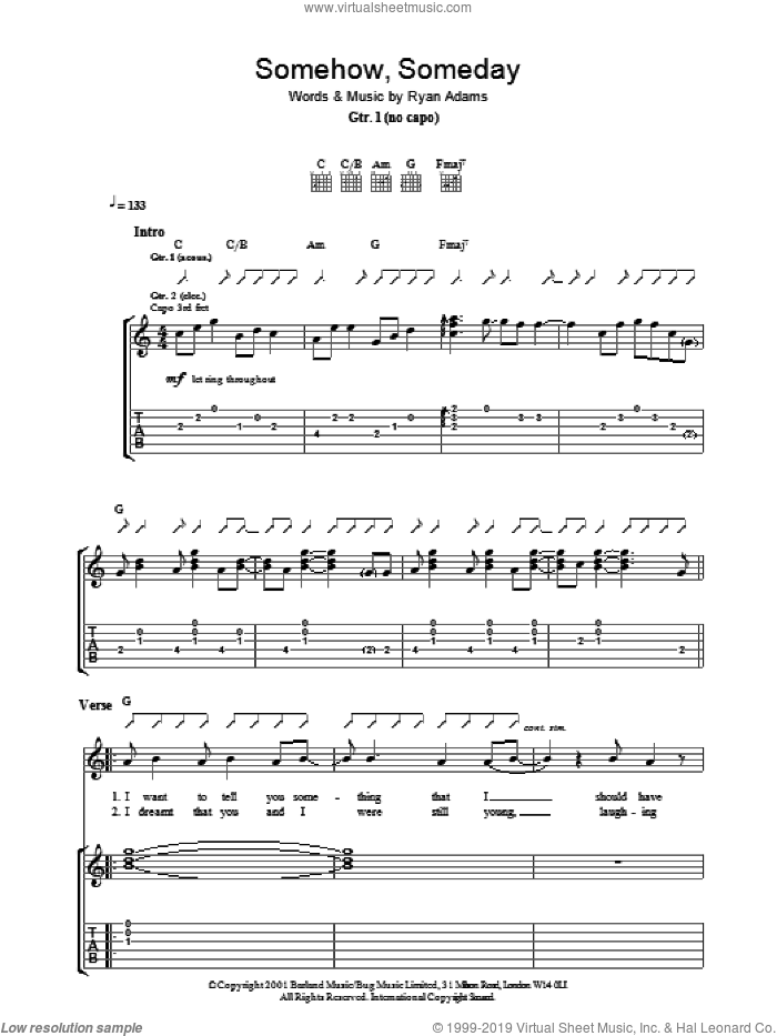 Somehow, Someday sheet music for guitar (tablature) by Ryan Adams, intermediate skill level