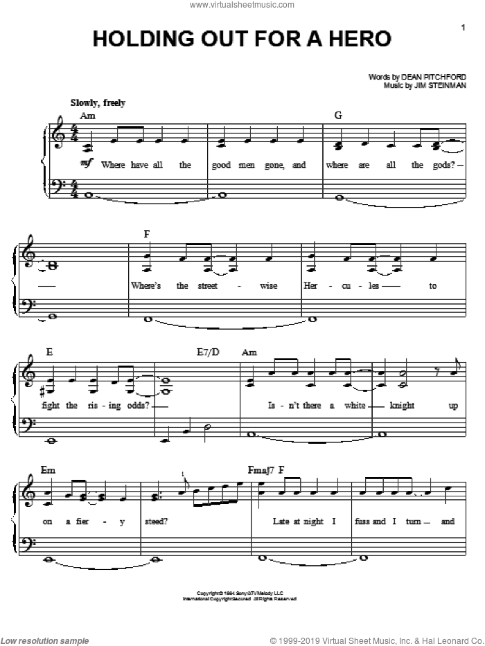 Holding Out For A Hero sheet music for piano solo by Dean Pitchford, Footloose (Musical), Tom Snow and Jim Steinman, easy skill level
