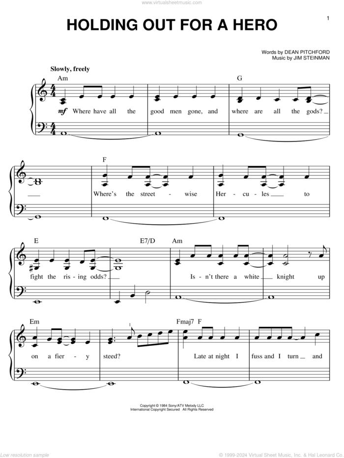 Holding Out For A Hero sheet music for piano solo by Dean Pitchford, Footloose (Musical), Tom Snow and Jim Steinman, easy skill level