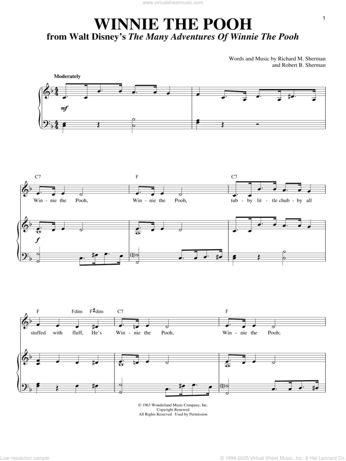 Winnie The Pooh (from The Many Adventures Of Winnie The Pooh) sheet music for voice and piano by Sherman Brothers, Richard M. Sherman and Robert B. Sherman, intermediate skill level
