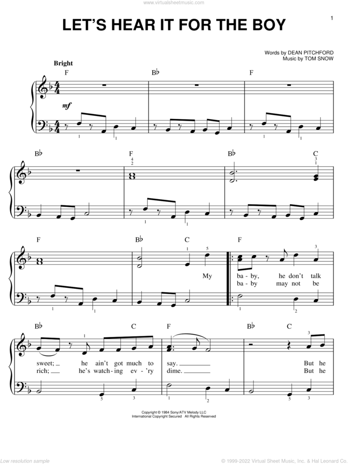 Let's Hear It For The Boy sheet music for piano solo by Dean Pitchford, Footloose (Musical) and Tom Snow, easy skill level