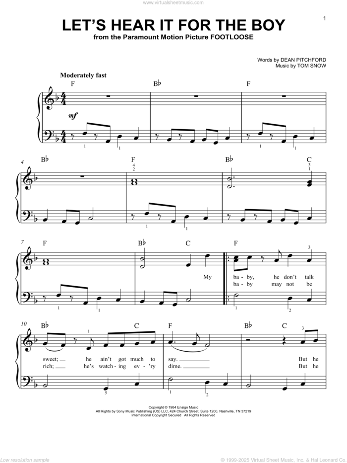 Let's Hear It For The Boy sheet music for piano solo by Dean Pitchford, Footloose (Musical) and Tom Snow, easy skill level