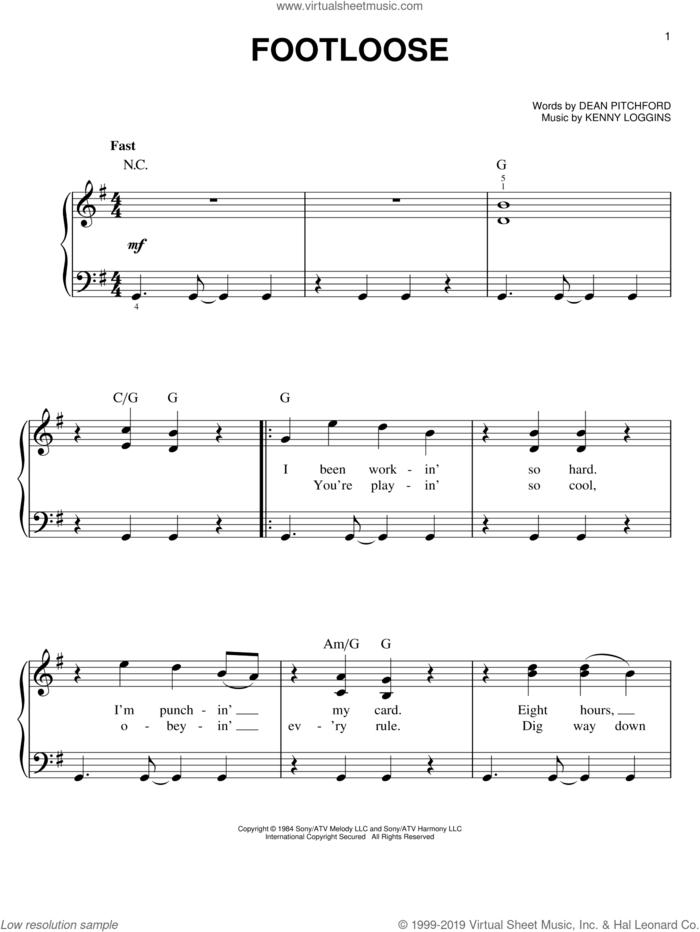 Footloose, (easy) sheet music for piano solo by Kenny Loggins, Footloose (Musical), Dean Pitchford and Tom Snow, easy skill level