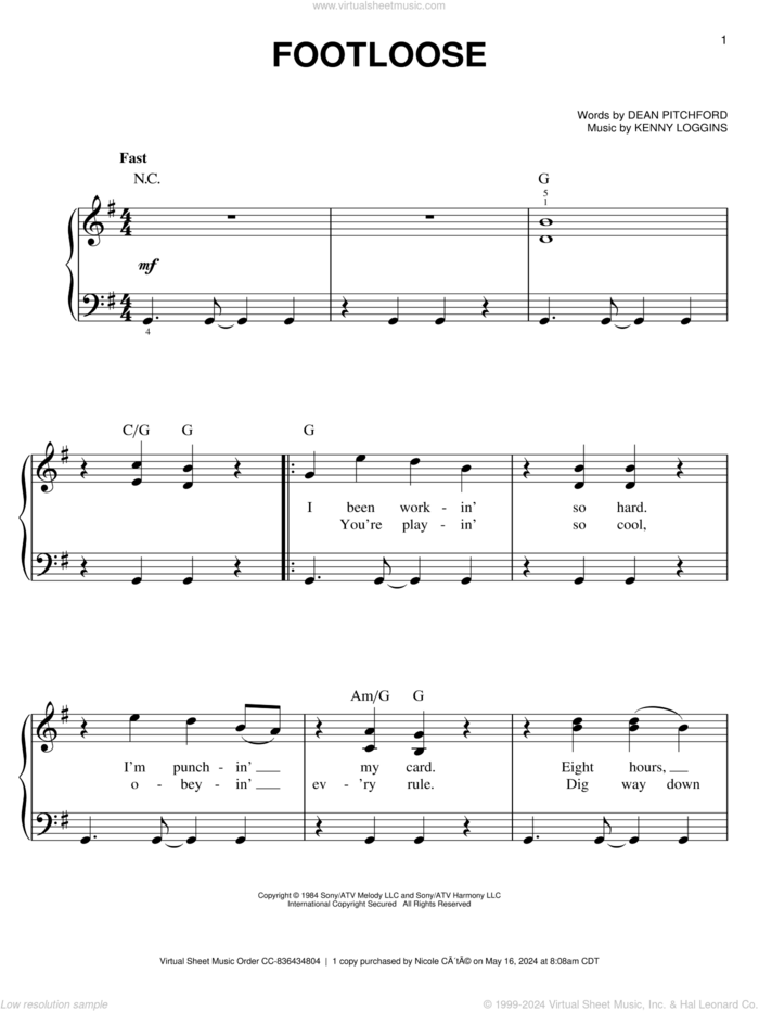 Footloose, (easy) sheet music for piano solo by Kenny Loggins, Footloose (Musical), Dean Pitchford and Tom Snow, easy skill level