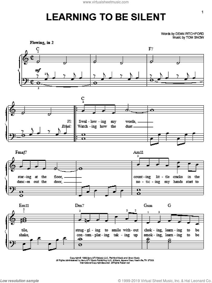 Learning To Be Silent sheet music for piano solo by Dean Pitchford, Footloose (Musical) and Tom Snow, easy skill level