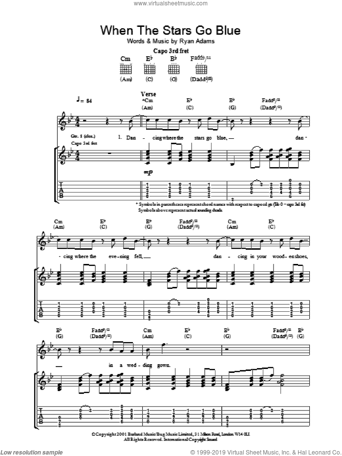 When The Stars Go Blue sheet music for guitar (tablature) by Ryan Adams, intermediate skill level