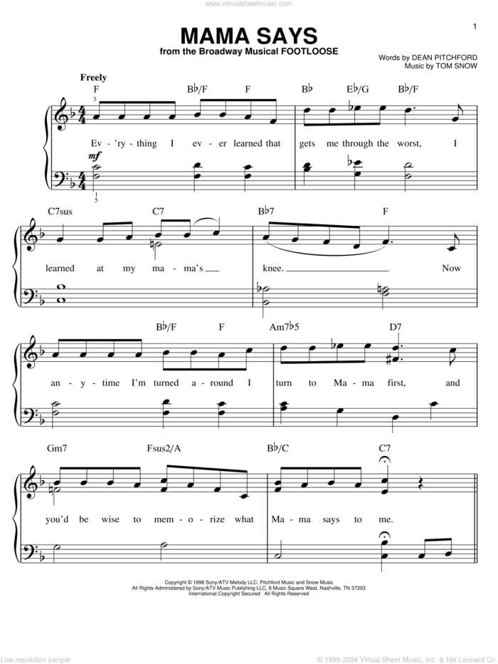 Mama Says sheet music for piano solo by Dean Pitchford, Footloose (Musical) and Tom Snow, easy skill level