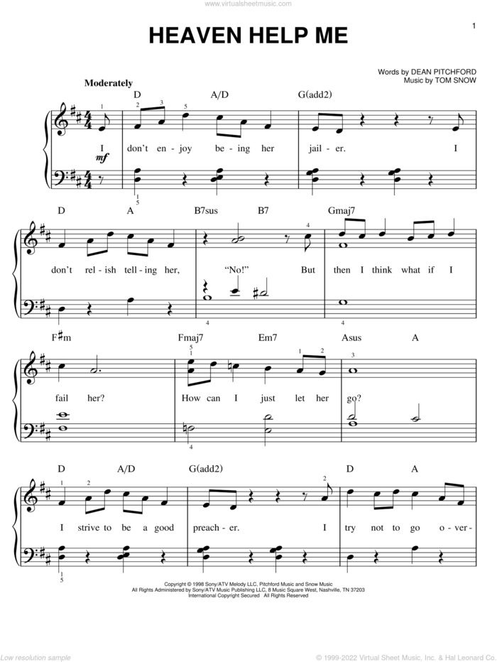 Heaven Help Me sheet music for piano solo by Dean Pitchford, Footloose (Musical) and Tom Snow, easy skill level