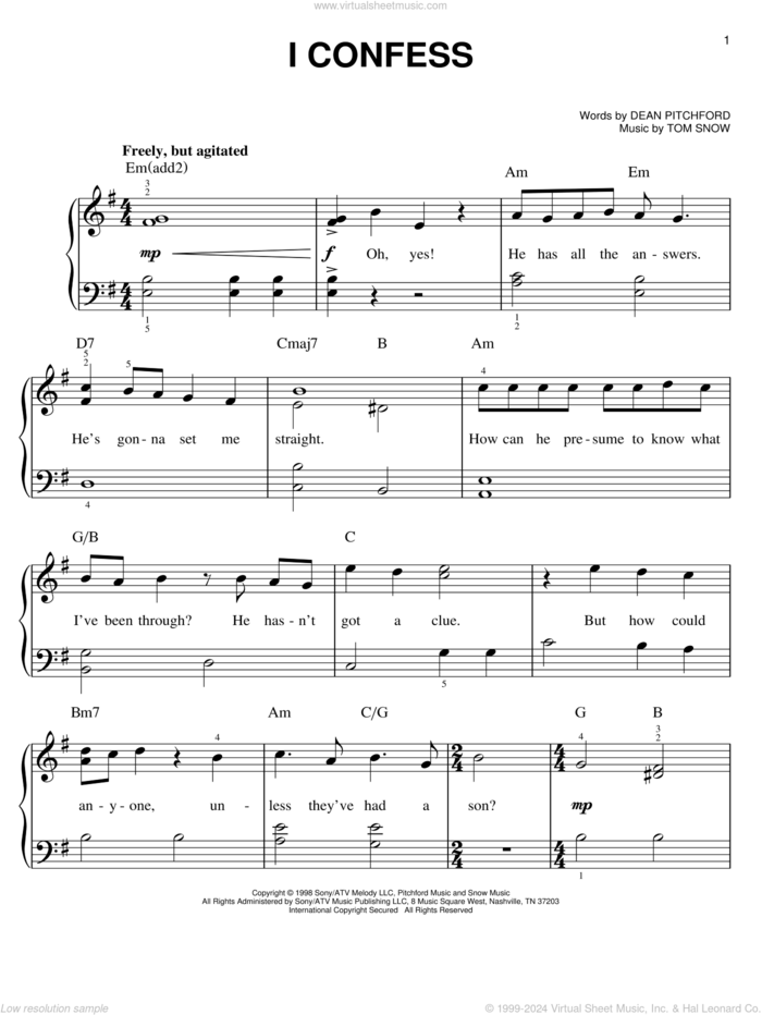 I Confess sheet music for piano solo by Dean Pitchford, Footloose (Musical) and Tom Snow, easy skill level