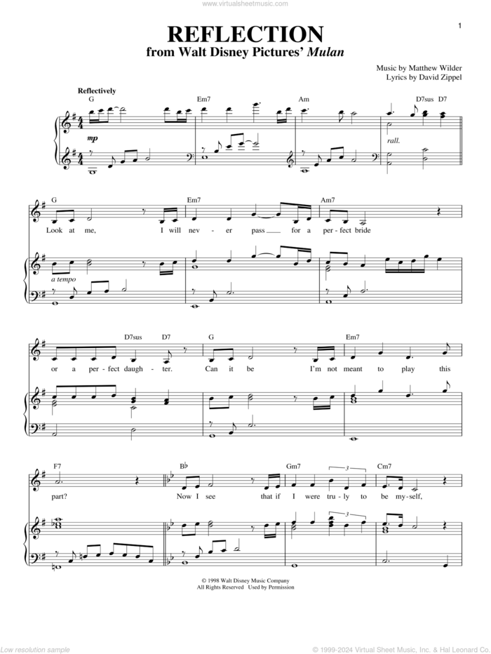 Reflection (from Mulan) sheet music for voice and piano by David Zippel, Christina Aguilera, Mulan (Movie) and Matthew Wilder & David Zippel and Matthew Wilder, intermediate skill level