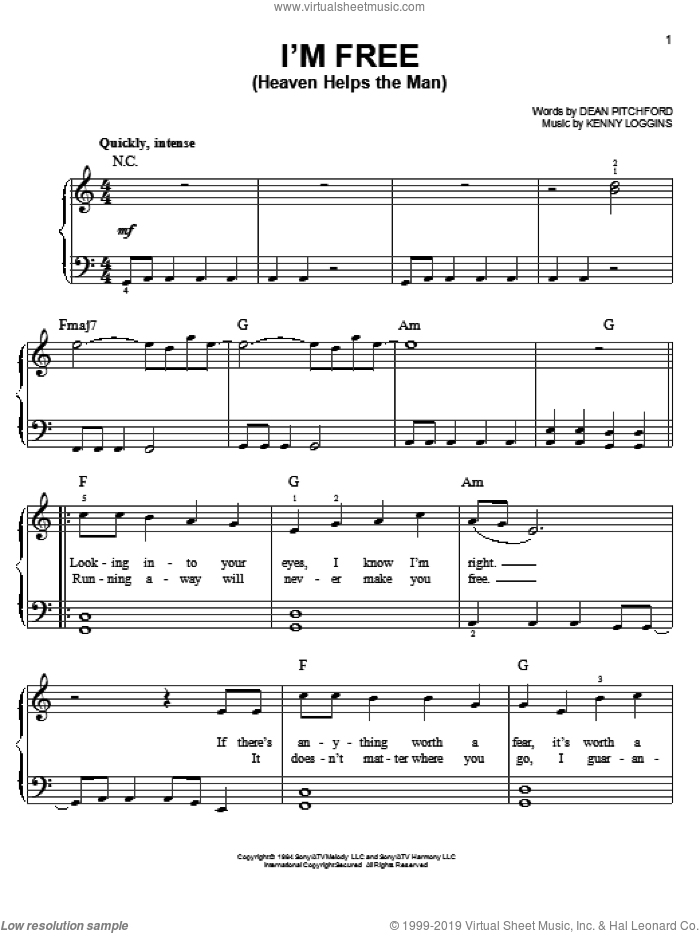 I'm Free (Heaven Helps The Man) sheet music for piano solo by Dean Pitchford, Footloose (Musical) and Tom Snow, easy skill level
