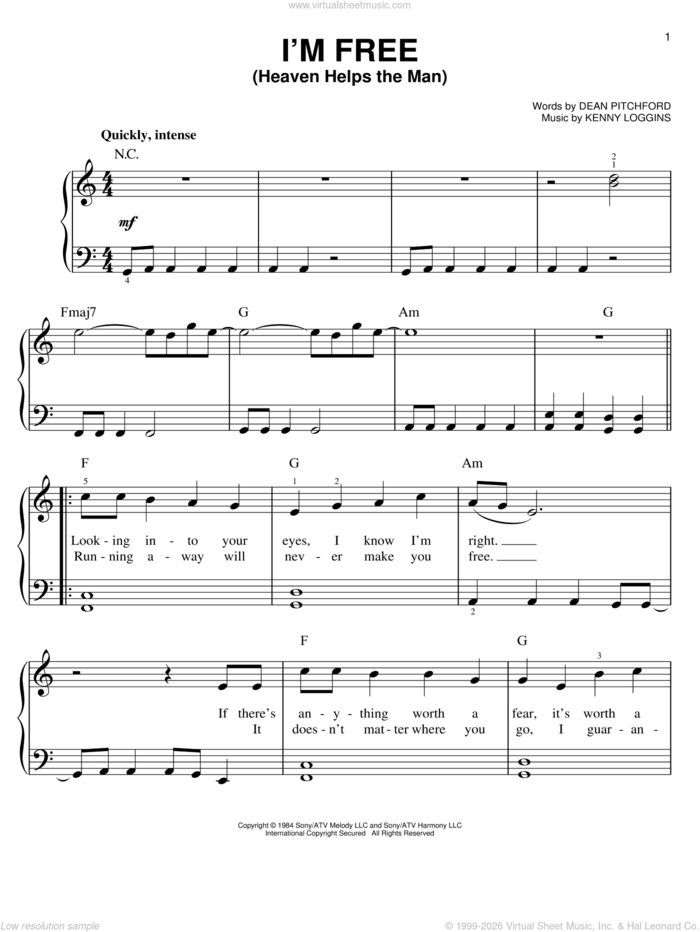 I'm Free (Heaven Helps The Man) sheet music for piano solo by Dean Pitchford, Footloose (Musical) and Tom Snow, easy skill level