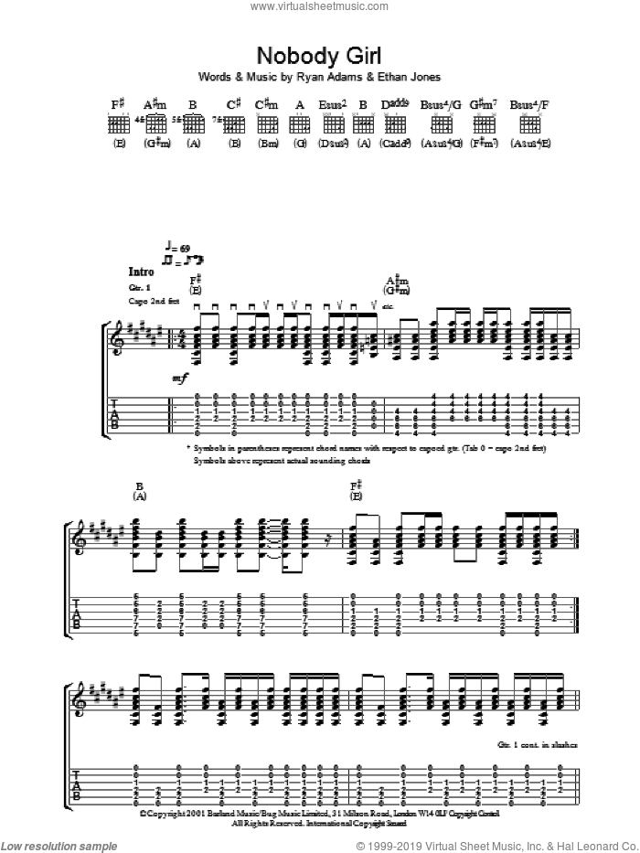 Nobody Girl sheet music for guitar (tablature) by Ryan Adams and Ethan Johns, intermediate skill level