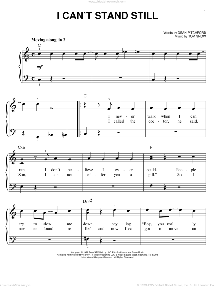 I Can't Stand Still sheet music for piano solo by Dean Pitchford, Footloose (Musical) and Tom Snow, easy skill level