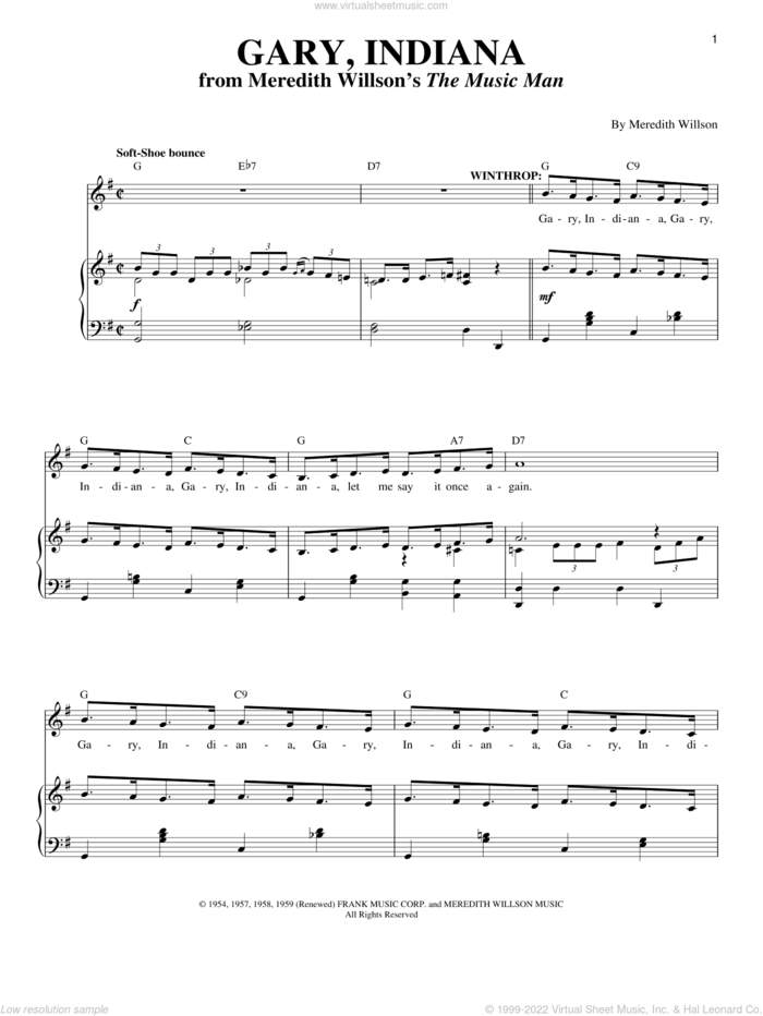 Gary, Indiana sheet music for voice and piano by Meredith Willson and The Music Man (Musical), intermediate skill level