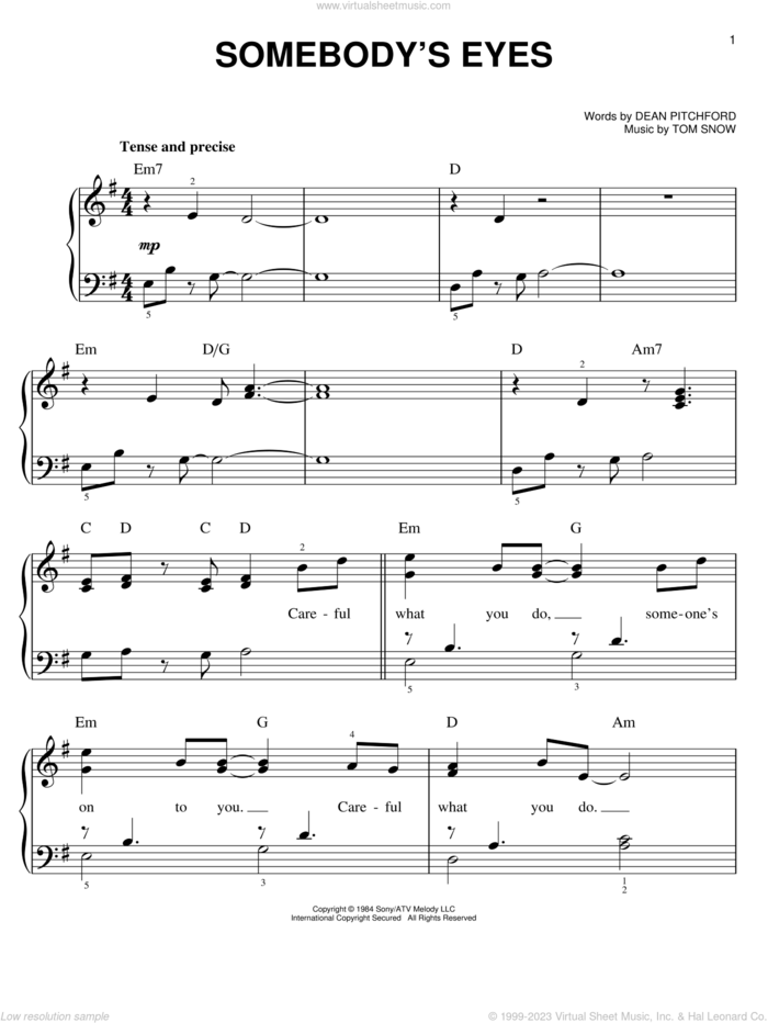 Somebody's Eyes sheet music for piano solo by Dean Pitchford, Footloose (Musical) and Tom Snow, easy skill level