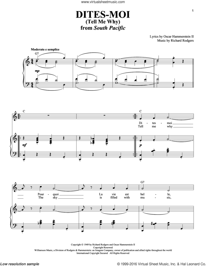 Dites-Moi (Tell Me Why) sheet music for voice and piano by Rodgers & Hammerstein, South Pacific (Musical), Oscar II Hammerstein and Richard Rodgers, intermediate skill level
