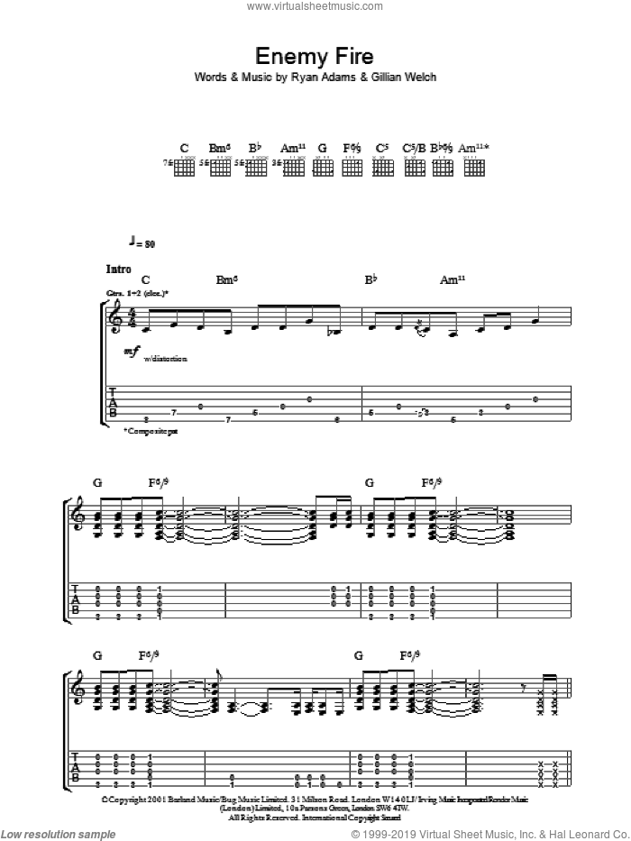 Enemy Fire sheet music for guitar (tablature) by Ryan Adams and Gillian Welch, intermediate skill level