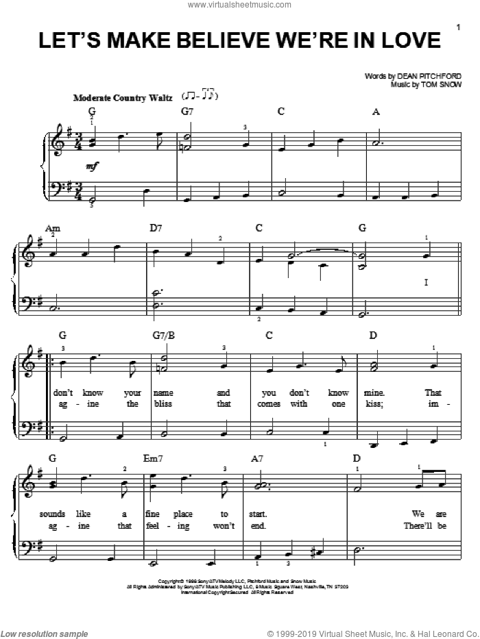 Let's Make Believe We're In Love sheet music for piano solo by Dean Pitchford, Footloose (Musical) and Tom Snow, easy skill level
