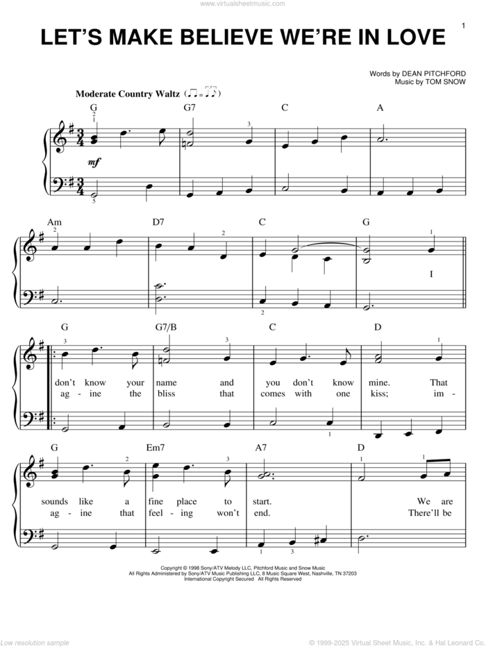 Let's Make Believe We're In Love sheet music for piano solo by Dean Pitchford, Footloose (Musical) and Tom Snow, easy skill level