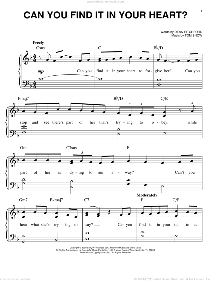 Can You Find It In Your Heart? sheet music for piano solo by Dean Pitchford, Footloose (Musical) and Tom Snow, easy skill level