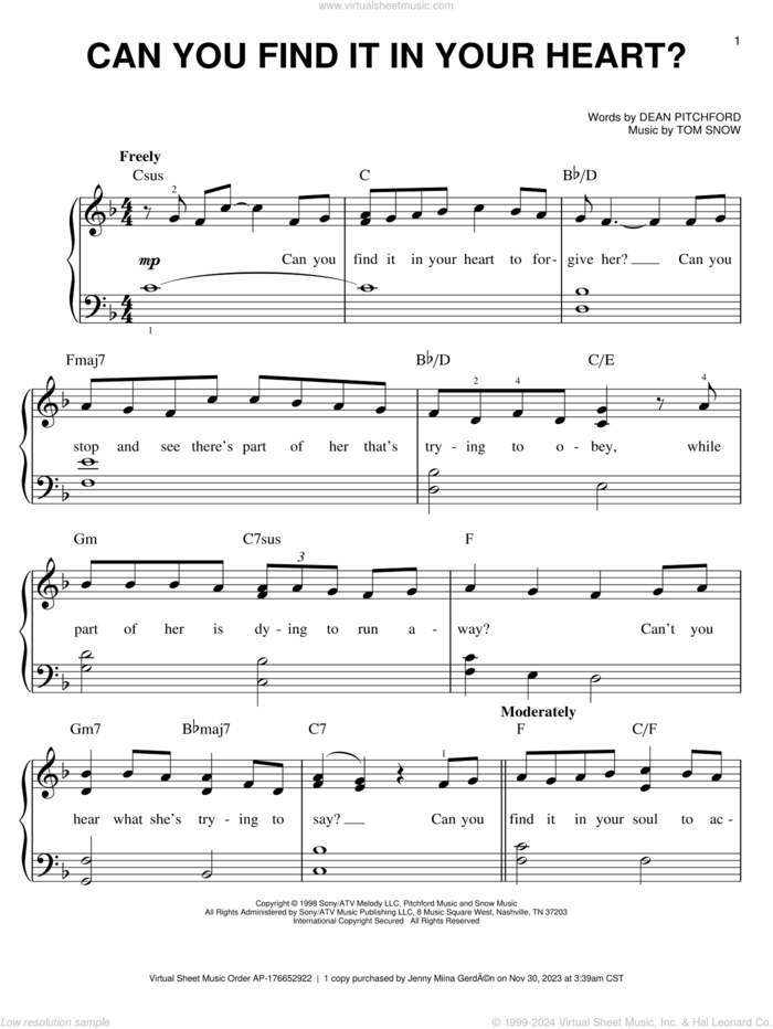 Can You Find It In Your Heart? sheet music for piano solo by Dean Pitchford, Footloose (Musical) and Tom Snow, easy skill level