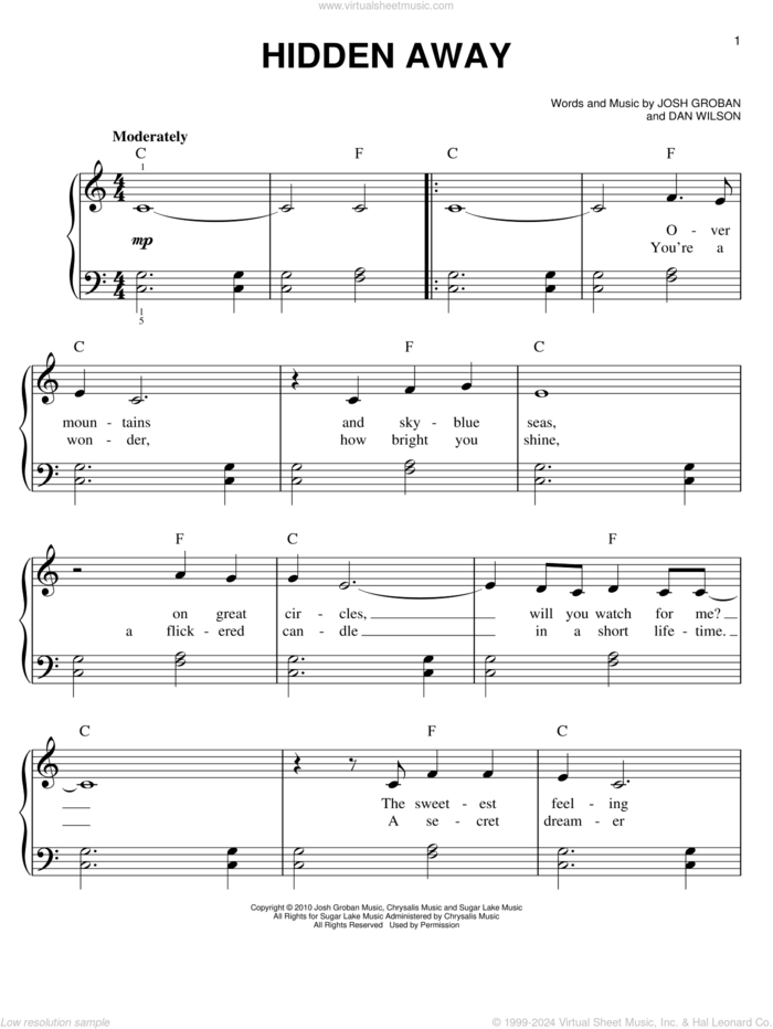 Hidden Away, (easy) sheet music for piano solo by Josh Groban and Dan Wilson, easy skill level