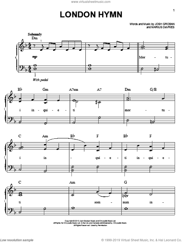 London Hymn sheet music for piano solo by Josh Groban and Marius De Vries, easy skill level