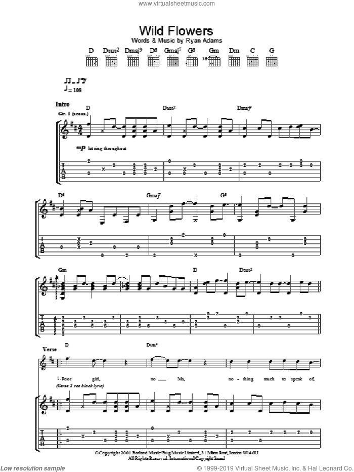 Wild Flowers sheet music for guitar (tablature) by Ryan Adams, intermediate skill level