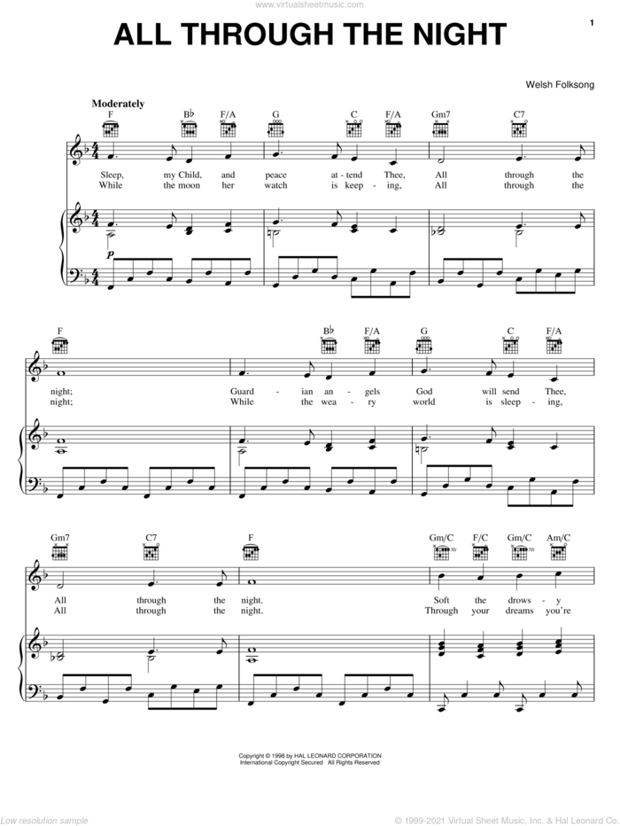 All Through The Night sheet music for voice, piano or guitar, classical score, intermediate skill level