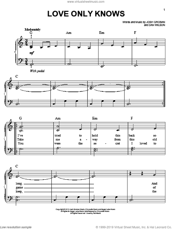 Love Only Knows sheet music for piano solo by Josh Groban and Dan Wilson, easy skill level
