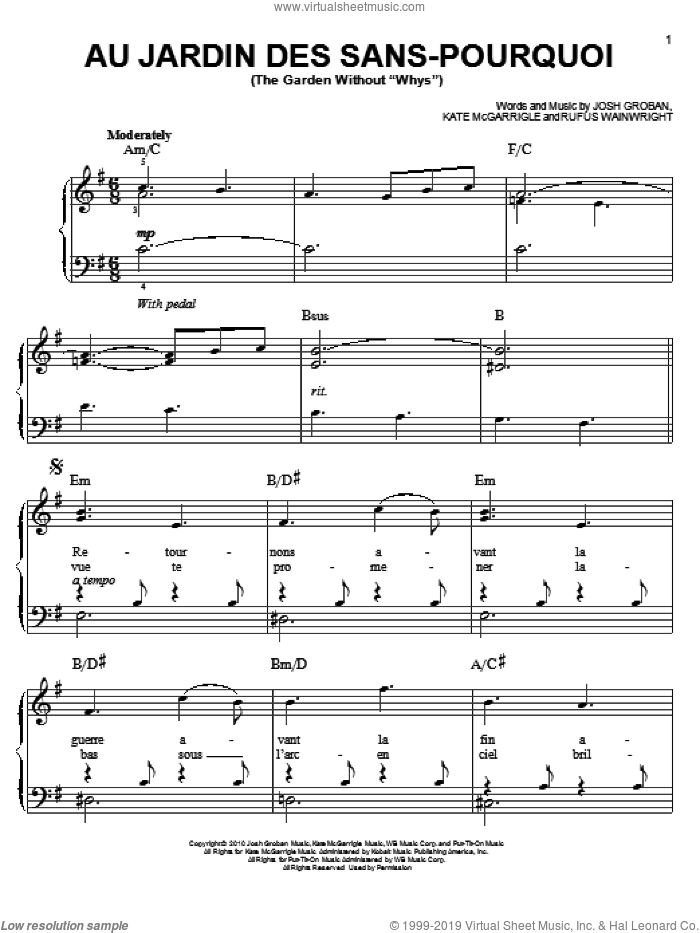 Au Jardin Des Sans-Pourquoi (The Garden Without 'Whys') sheet music for piano solo by Josh Groban, Kate McGarrigle and Rufus Wainwright, easy skill level
