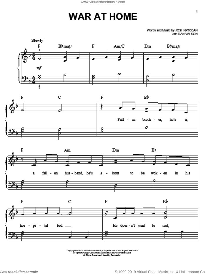War At Home sheet music for piano solo by Josh Groban and Dan Wilson, easy skill level