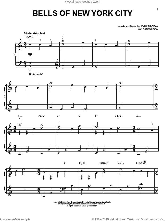 Bells Of New York City sheet music for piano solo by Josh Groban and Dan Wilson, easy skill level