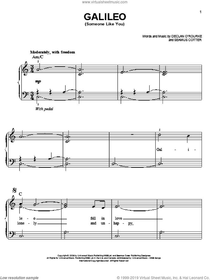 Galileo (Someone Like You) sheet music for piano solo by Josh Groban and Seamus Cotter, easy skill level