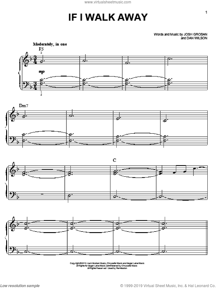 If I Walk Away sheet music for piano solo by Josh Groban and Dan Wilson, easy skill level