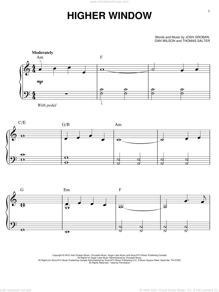 Higher Window sheet music for piano solo by Josh Groban, Dan Wilson and Thomas Salter, easy skill level